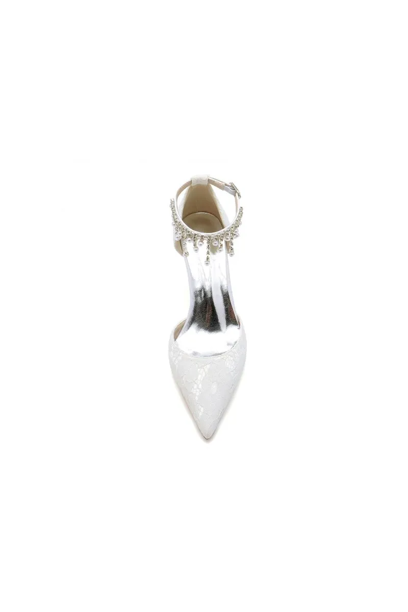 Elegant White Ankle Strap Pearl Beaded Wedding Shoes
