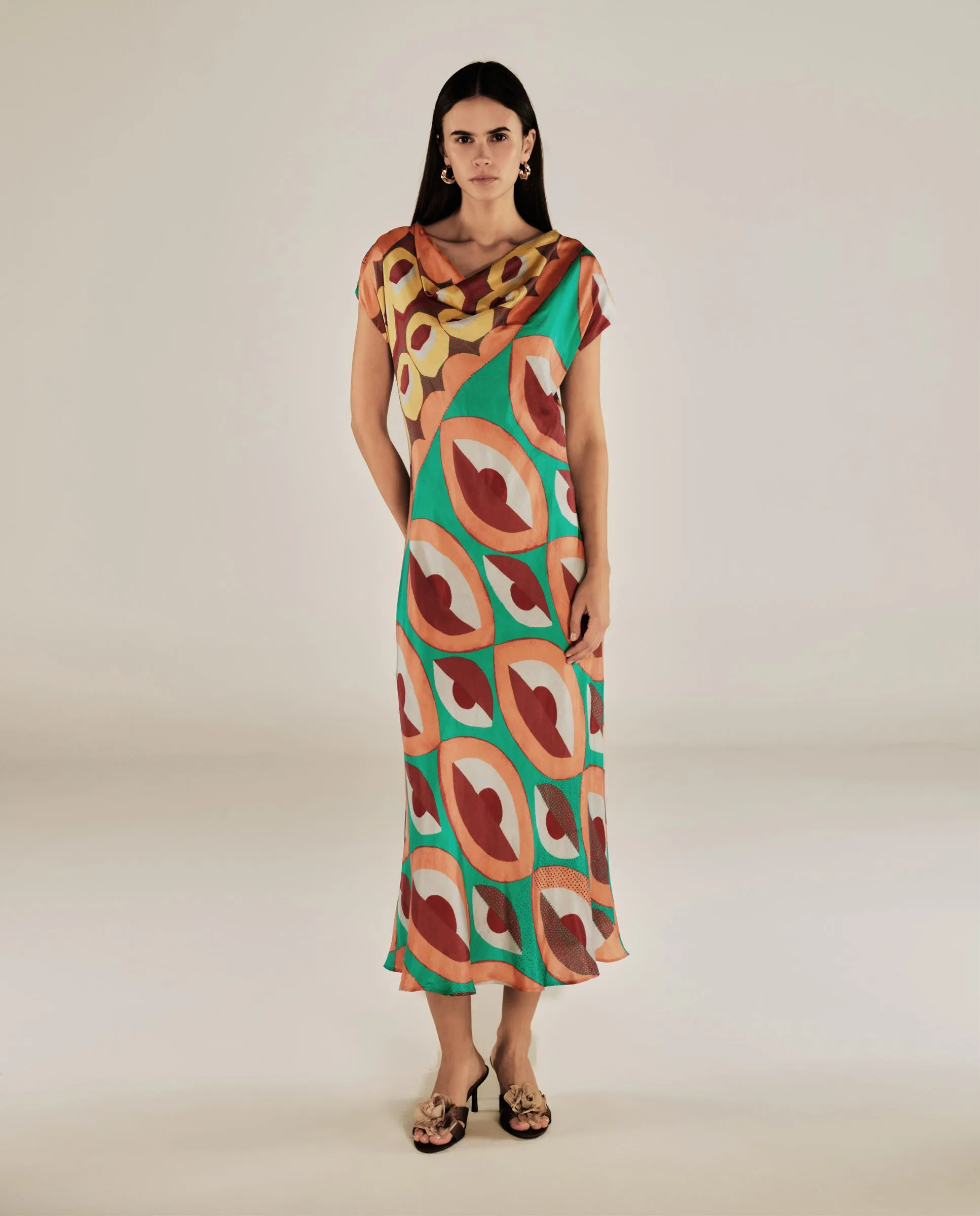 EMBER | Multicoloured Geometric Print Satin Midi Dress