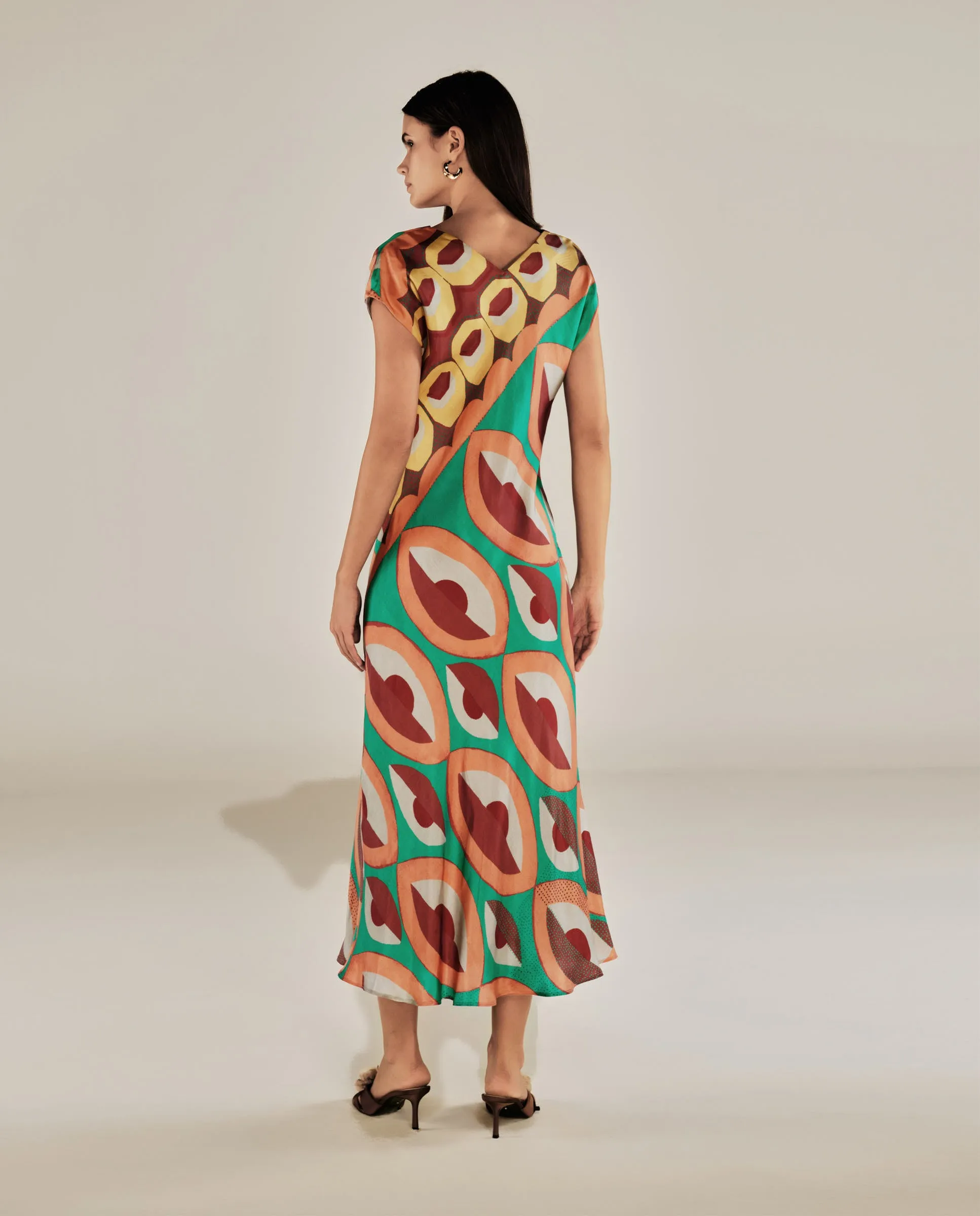 EMBER | Multicoloured Geometric Print Satin Midi Dress