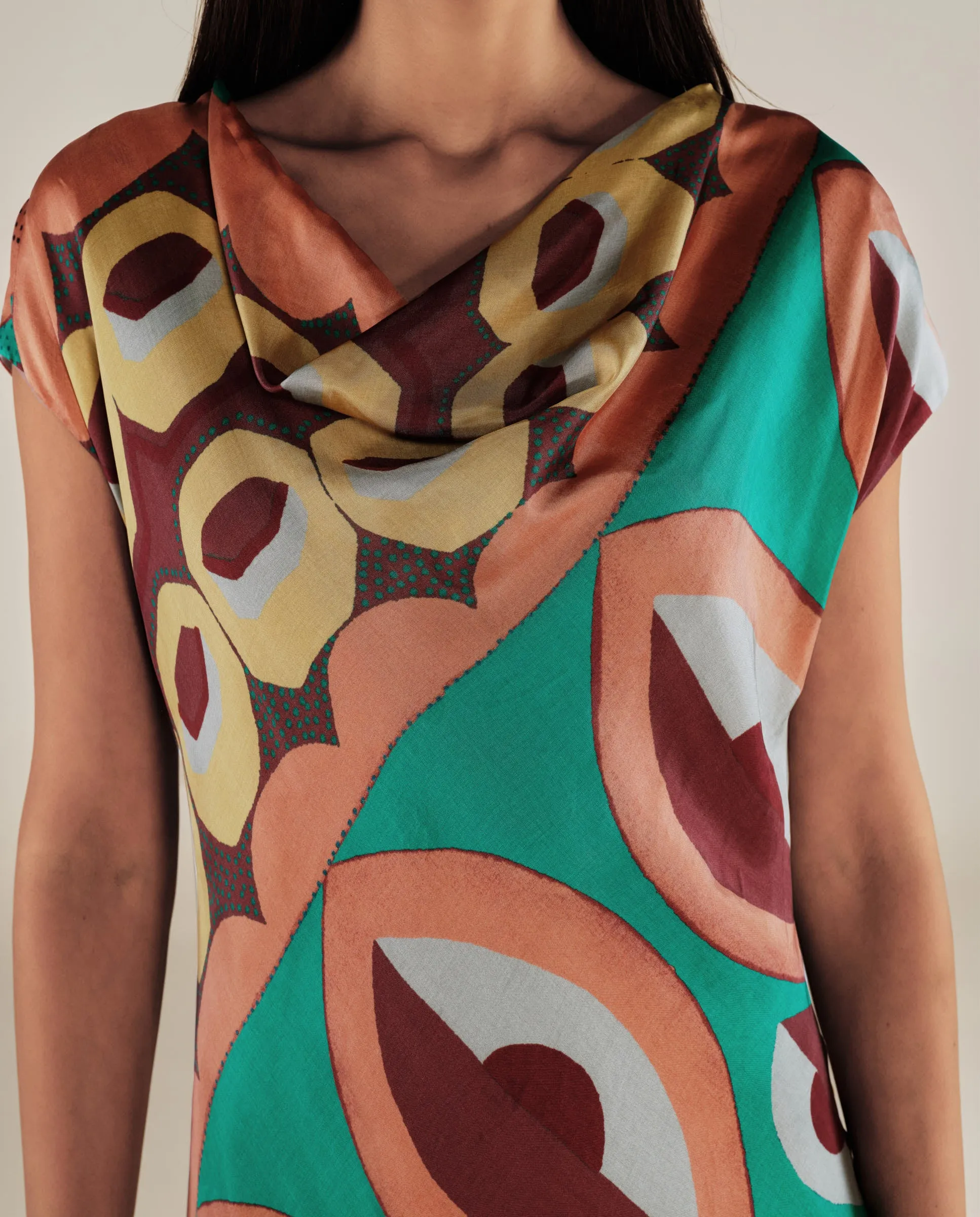 EMBER | Multicoloured Geometric Print Satin Midi Dress