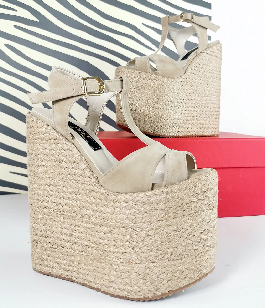 Espadril Beige Platform Wedge Sandals