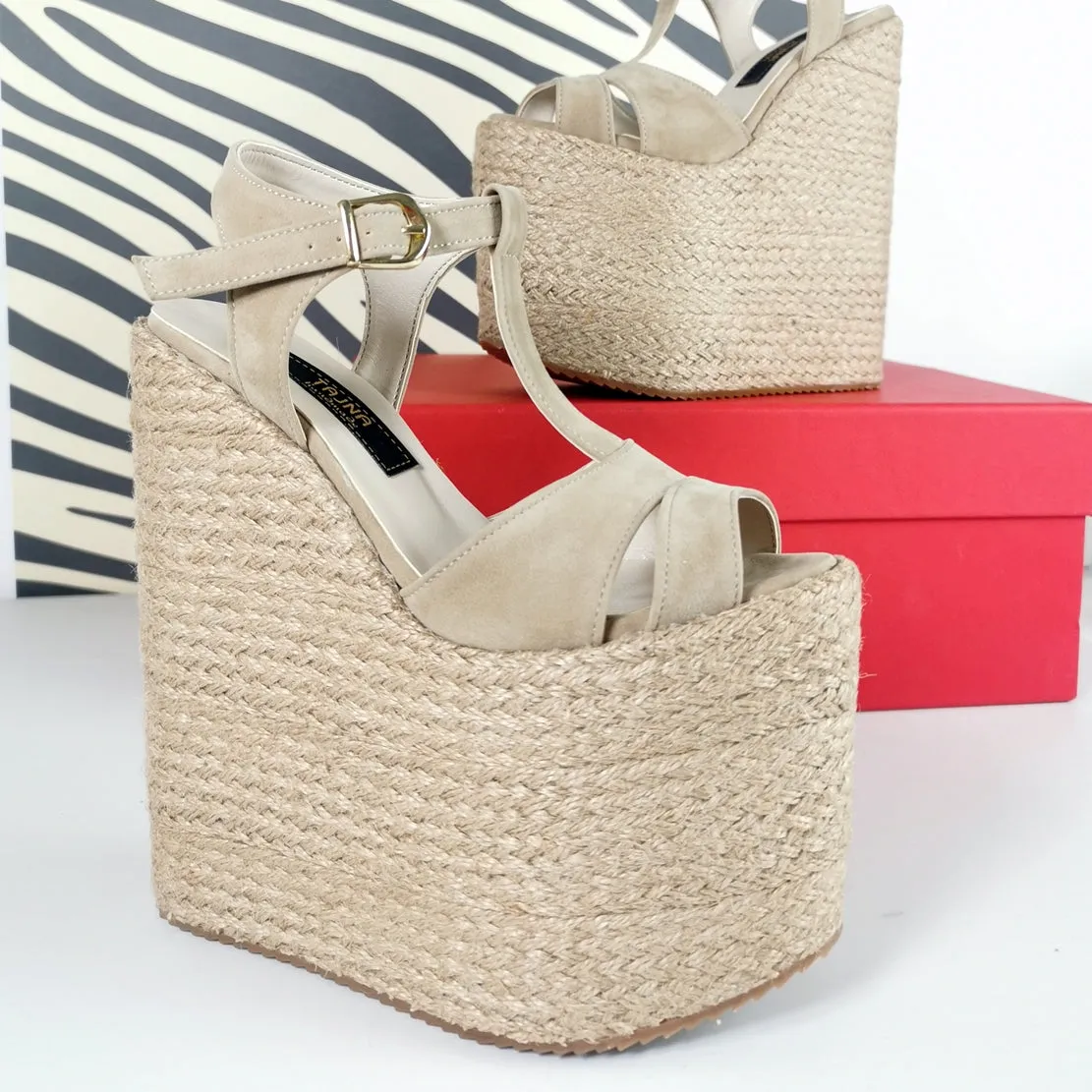 Espadril Beige Platform Wedge Sandals