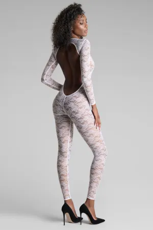 Flashback Lace Long Sleeve Open Back Jumpsuit White