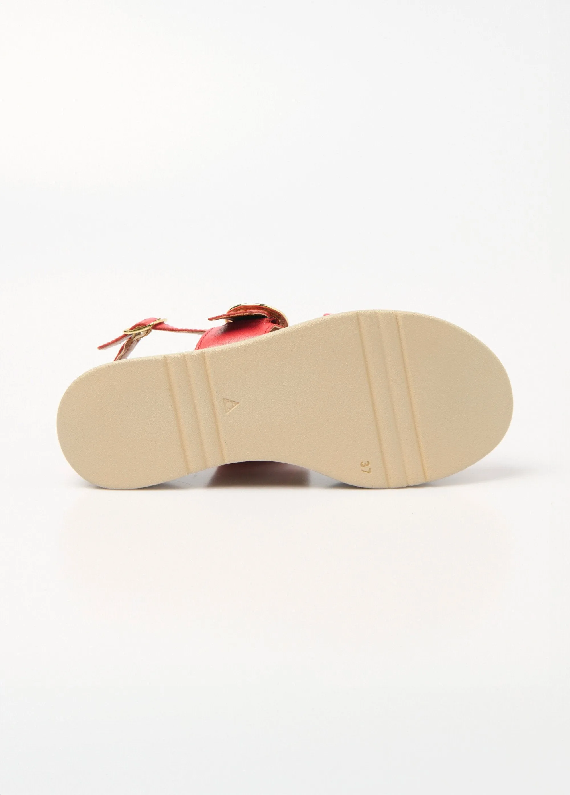 Flat leather wedge sandals with fancy buckle