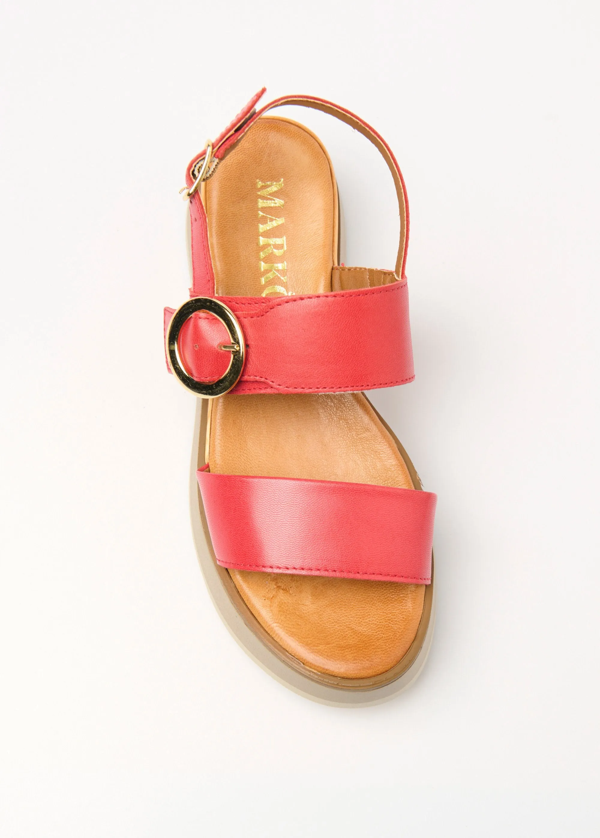 Flat leather wedge sandals with fancy buckle