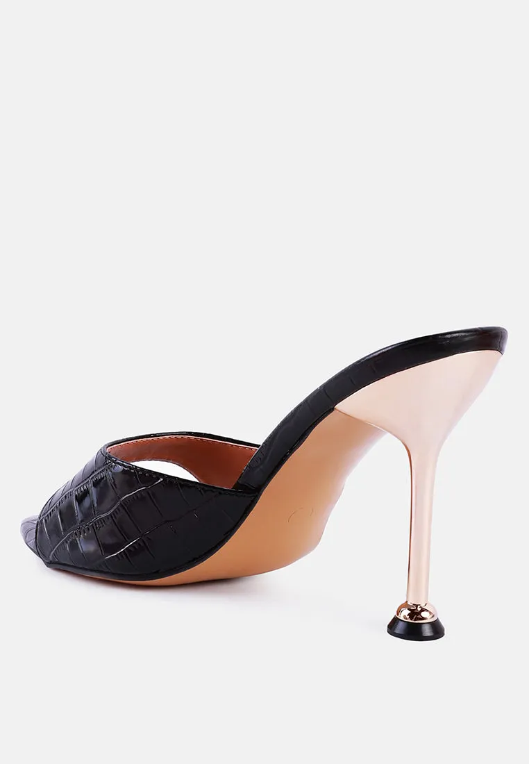 French Cut Croc Texture Patent Faux Leather Sandals By Ruw