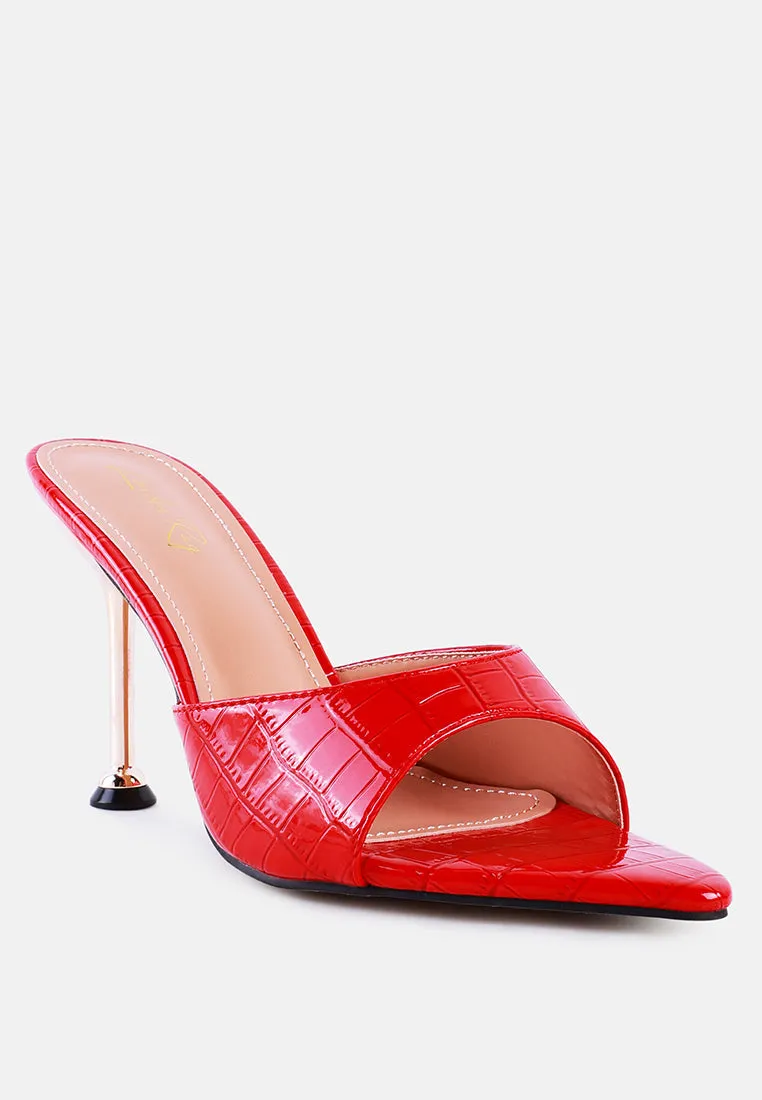 French Cut Croc Texture Patent Faux Leather Sandals By Ruw