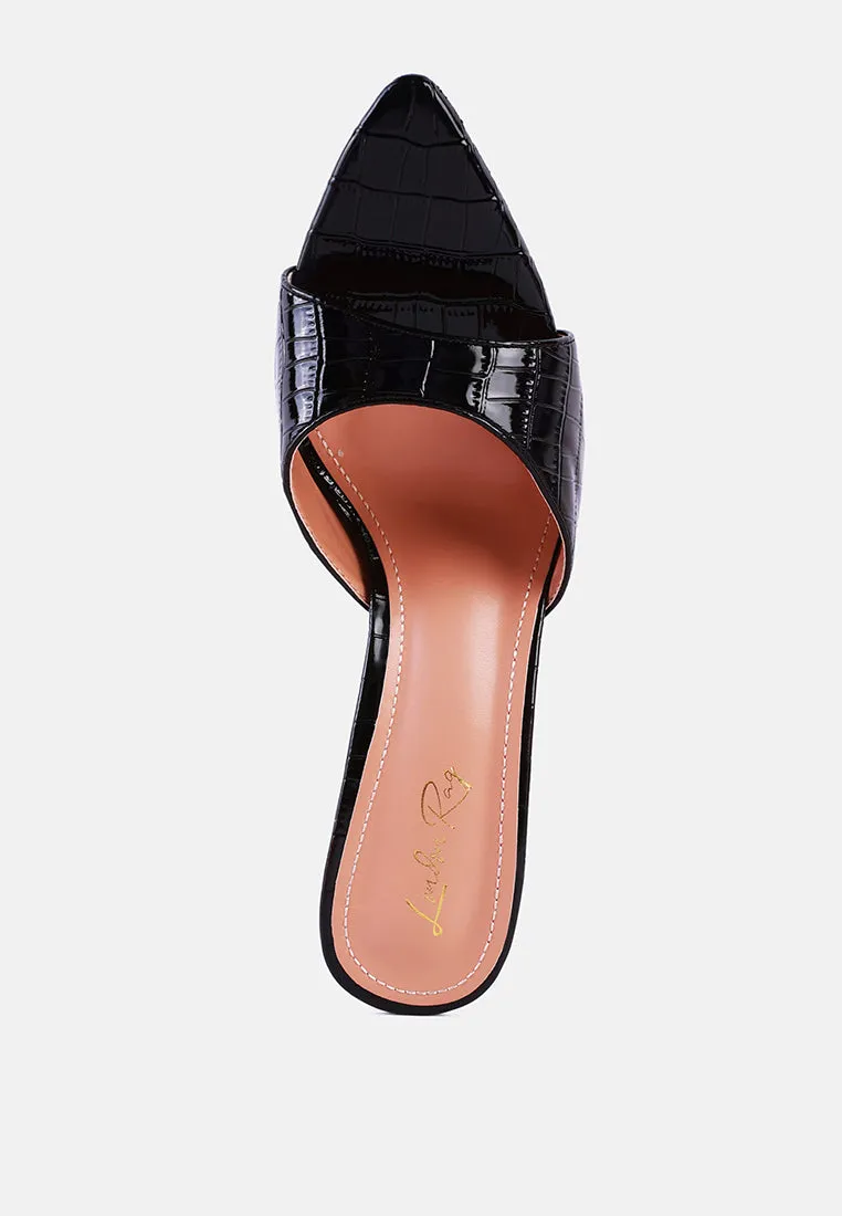 French Cut Croc Texture Patent Faux Leather Sandals By Ruw