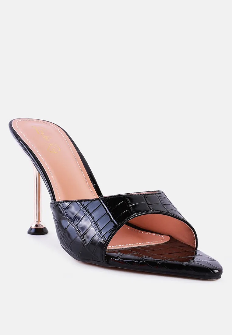 French Cut Croc Texture Patent Faux Leather Sandals By Ruw