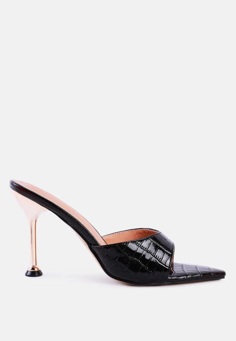 French Cut Croc Texture Patent Faux Leather Sandals By Ruw