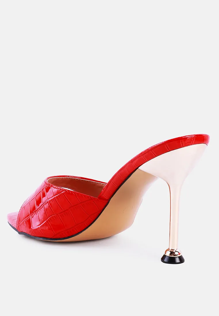French Cut Croc Texture Patent Faux Leather Sandals By Ruw