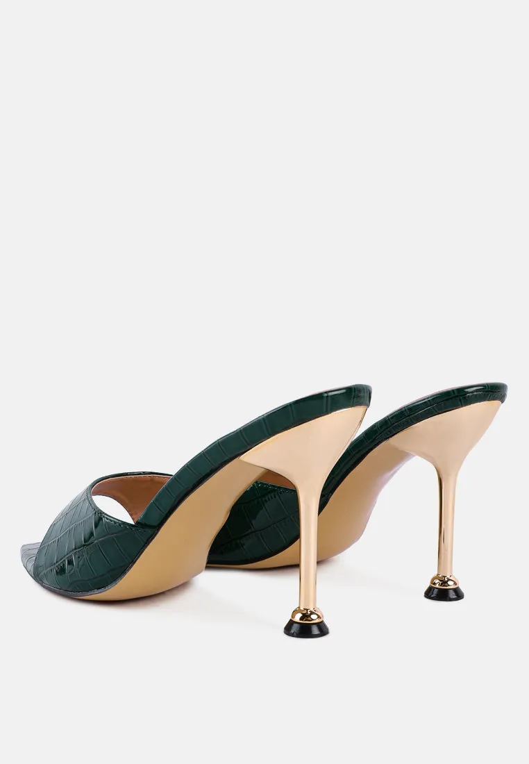 French Cut Croc Texture Patent Faux Leather Sandals By Ruw