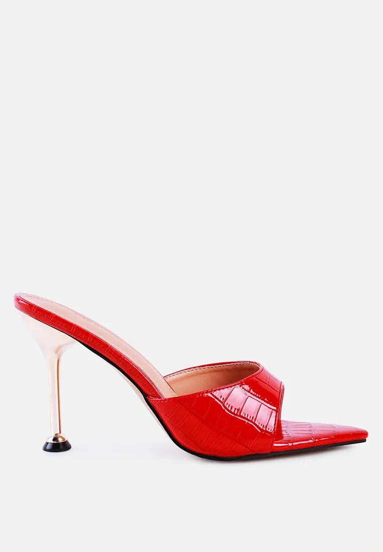 French Cut Croc Texture Patent Faux Leather Sandals By Ruw