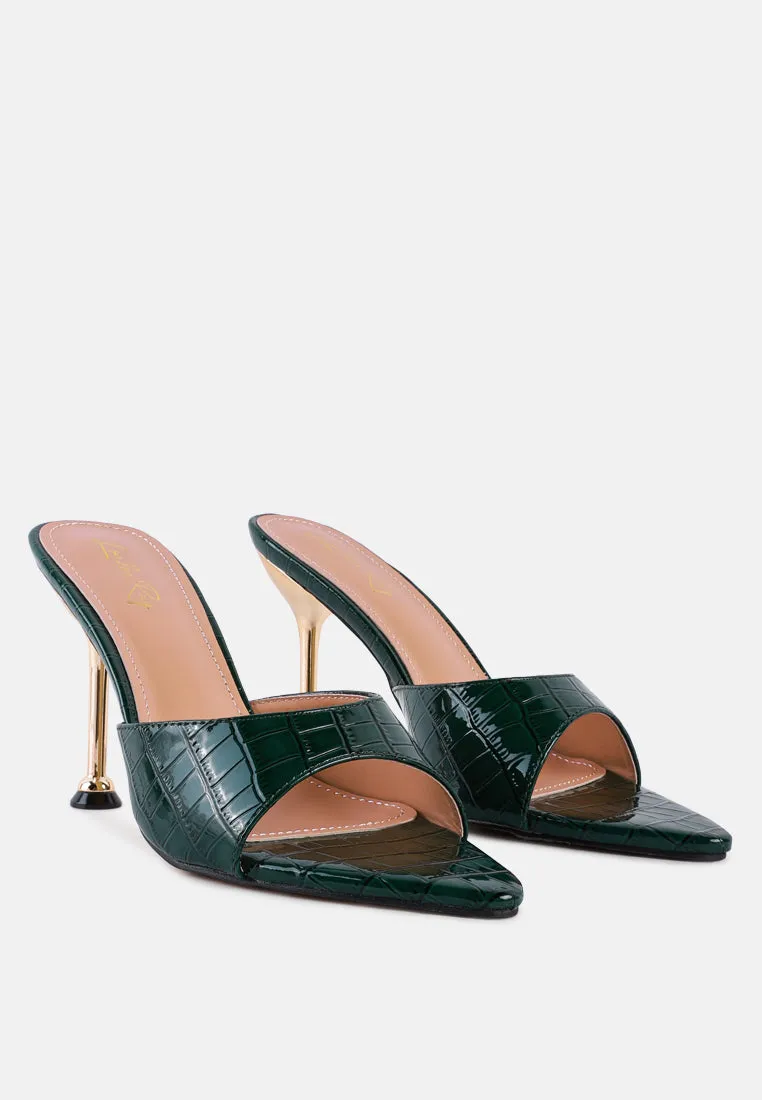 French Cut Croc Texture Patent Faux Leather Sandals By Ruw