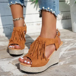 Fringe Peep Toe Wedge Sandals