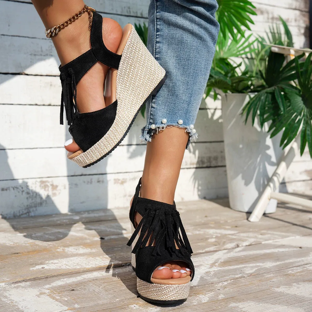 Fringe Peep Toe Wedge Sandals
