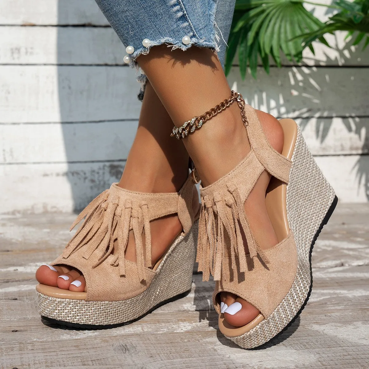 Fringe Peep Toe Wedge Sandals