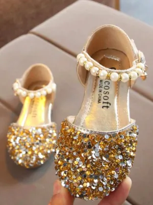 Girls Glitter Pearl Strap Dressy Flats Shoes By Liv and Mia