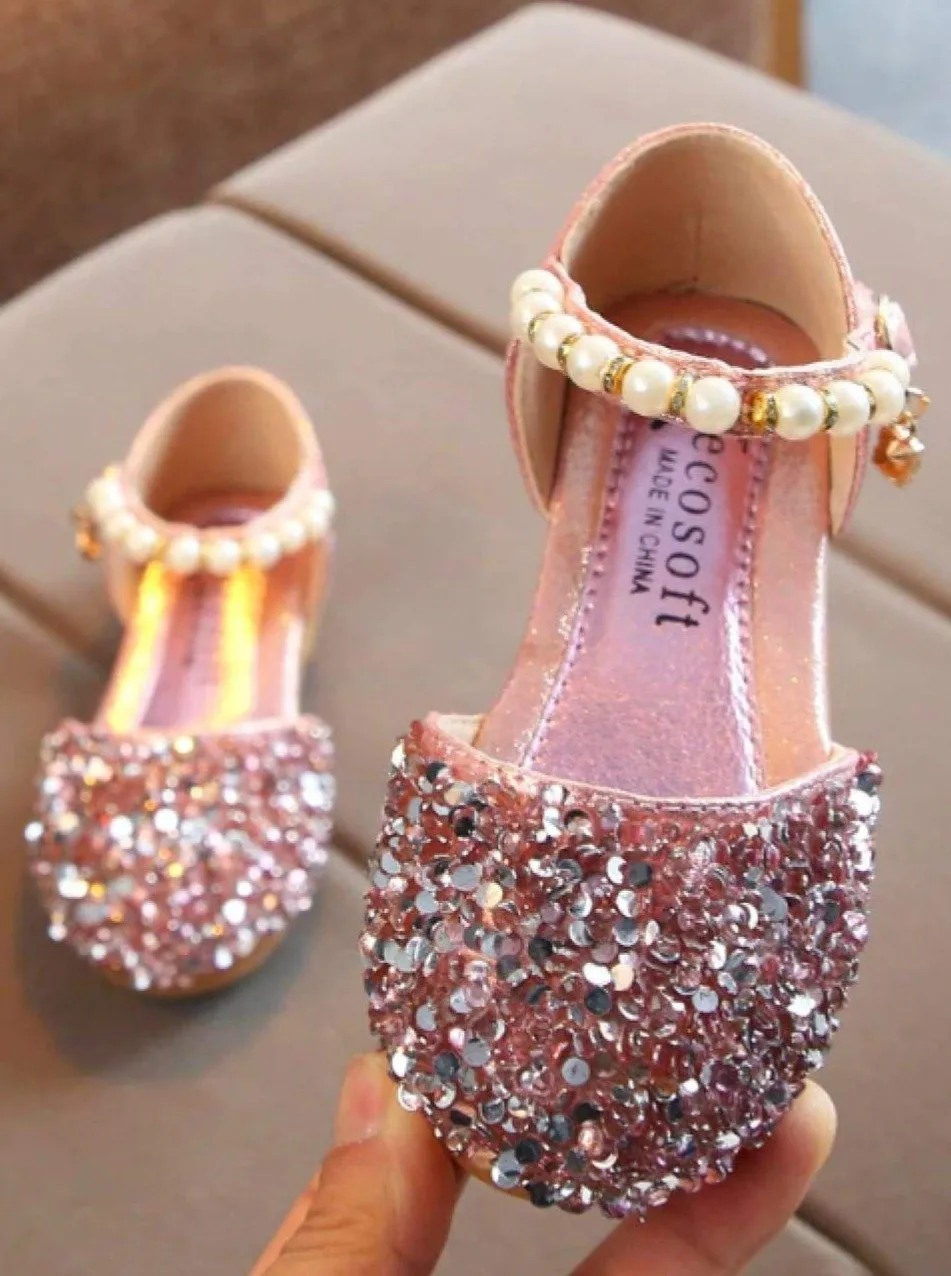 Girls Glitter Pearl Strap Dressy Flats Shoes By Liv and Mia