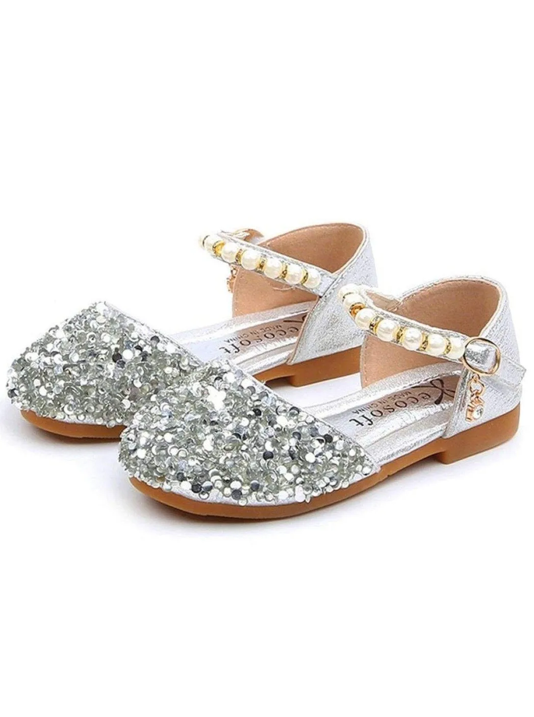 Girls Glitter Pearl Strap Dressy Flats Shoes By Liv and Mia