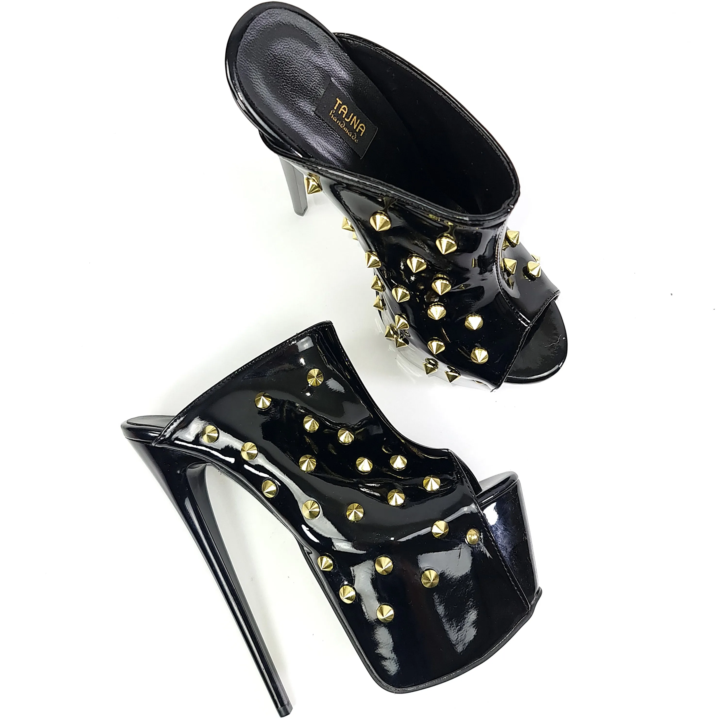 Gold Spike Black Gloss High Heel Mules