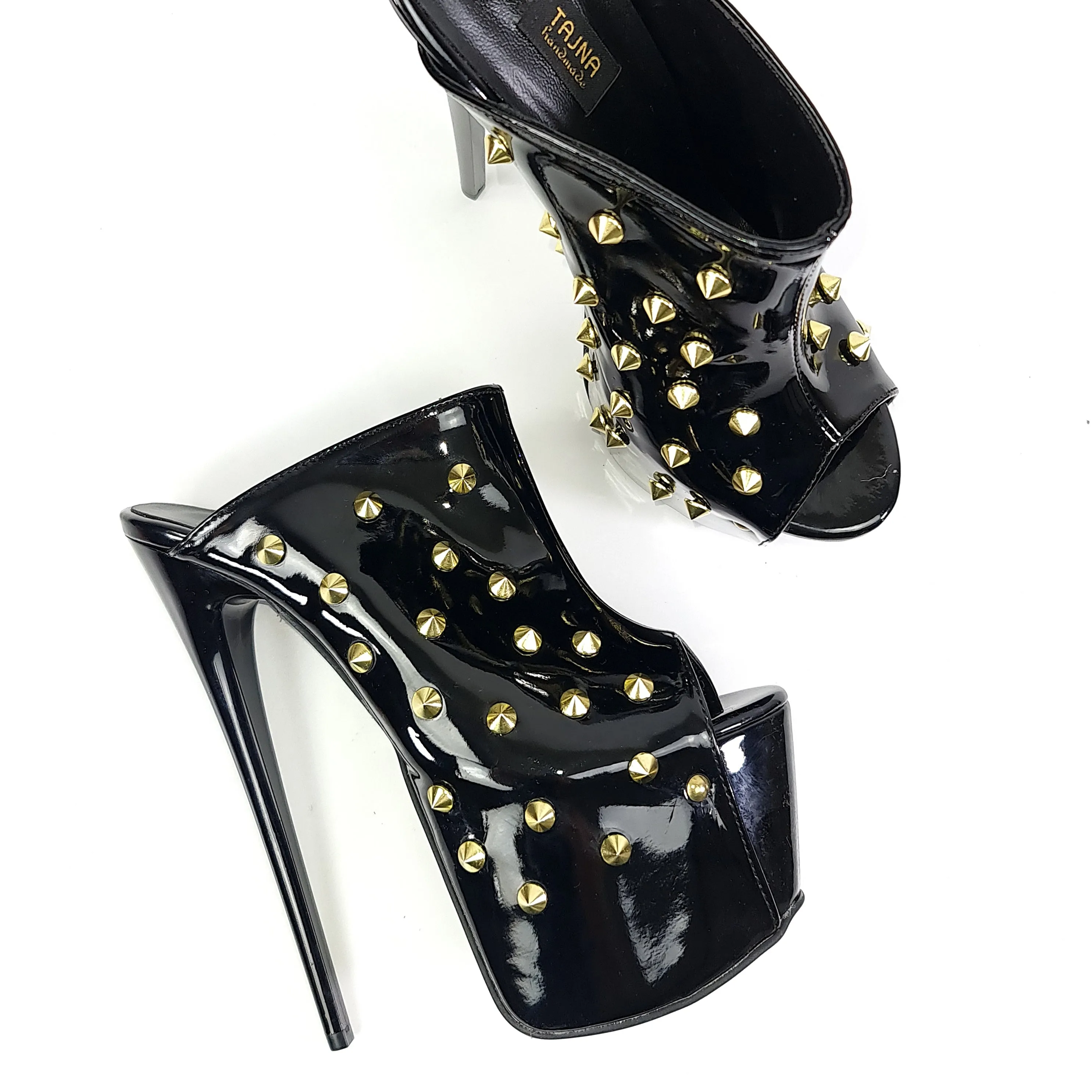 Gold Spike Black Gloss High Heel Mules