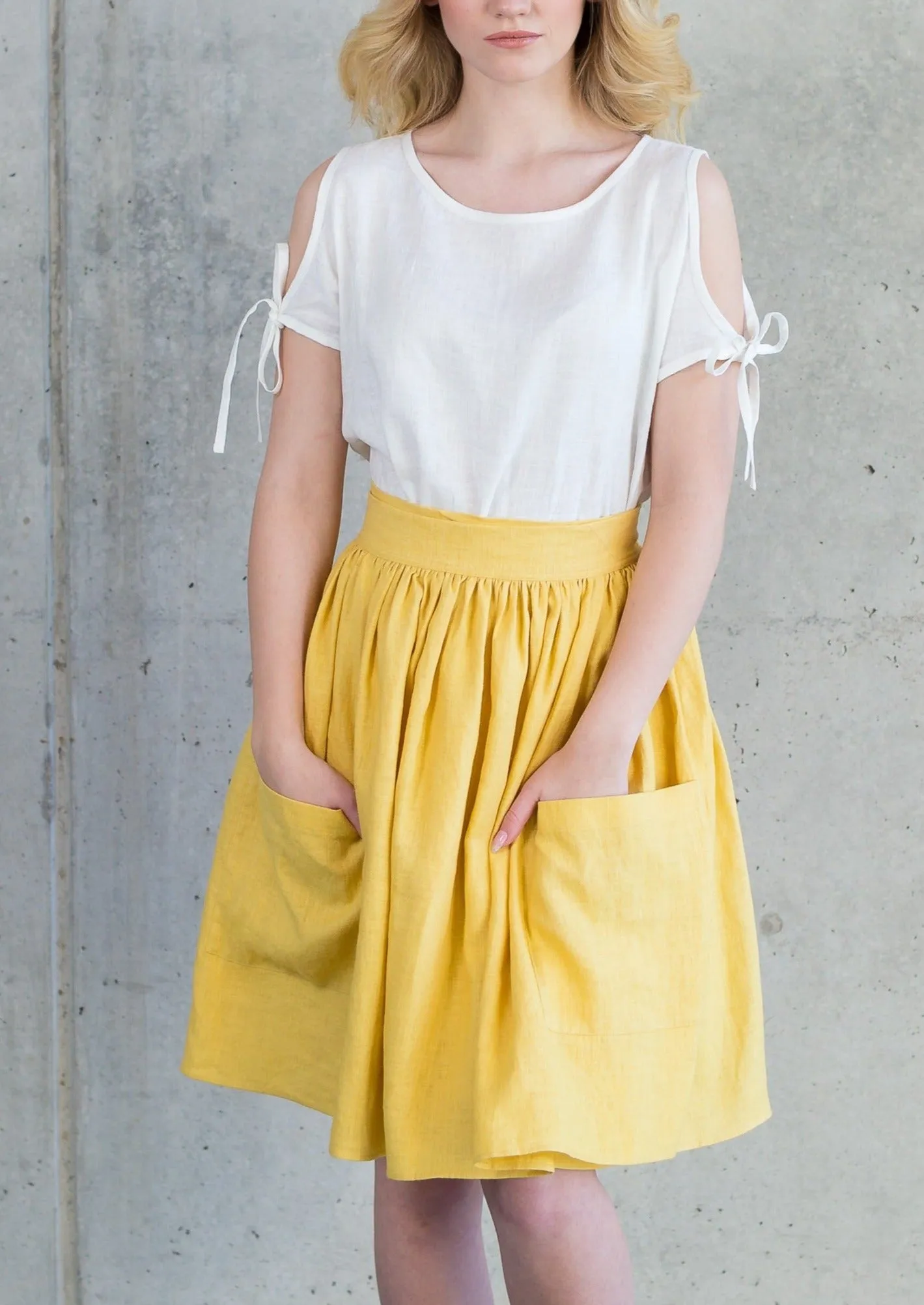 Grethel Tie-Wrap Linen Skirt with Pockets in Yellow