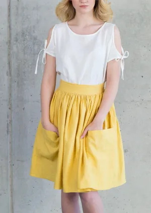 Grethel Tie-Wrap Linen Skirt with Pockets in Yellow