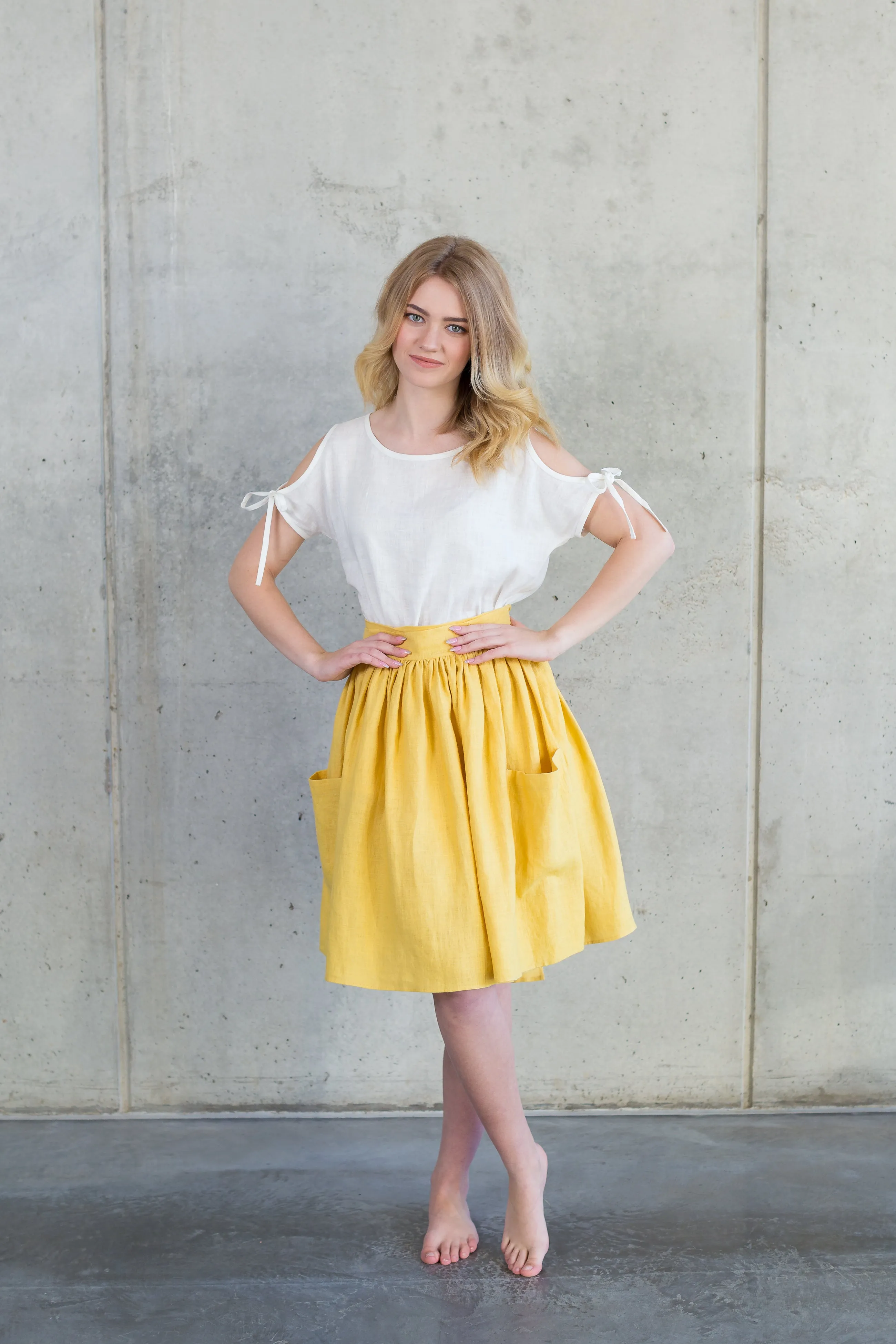 Grethel Tie-Wrap Linen Skirt with Pockets in Yellow