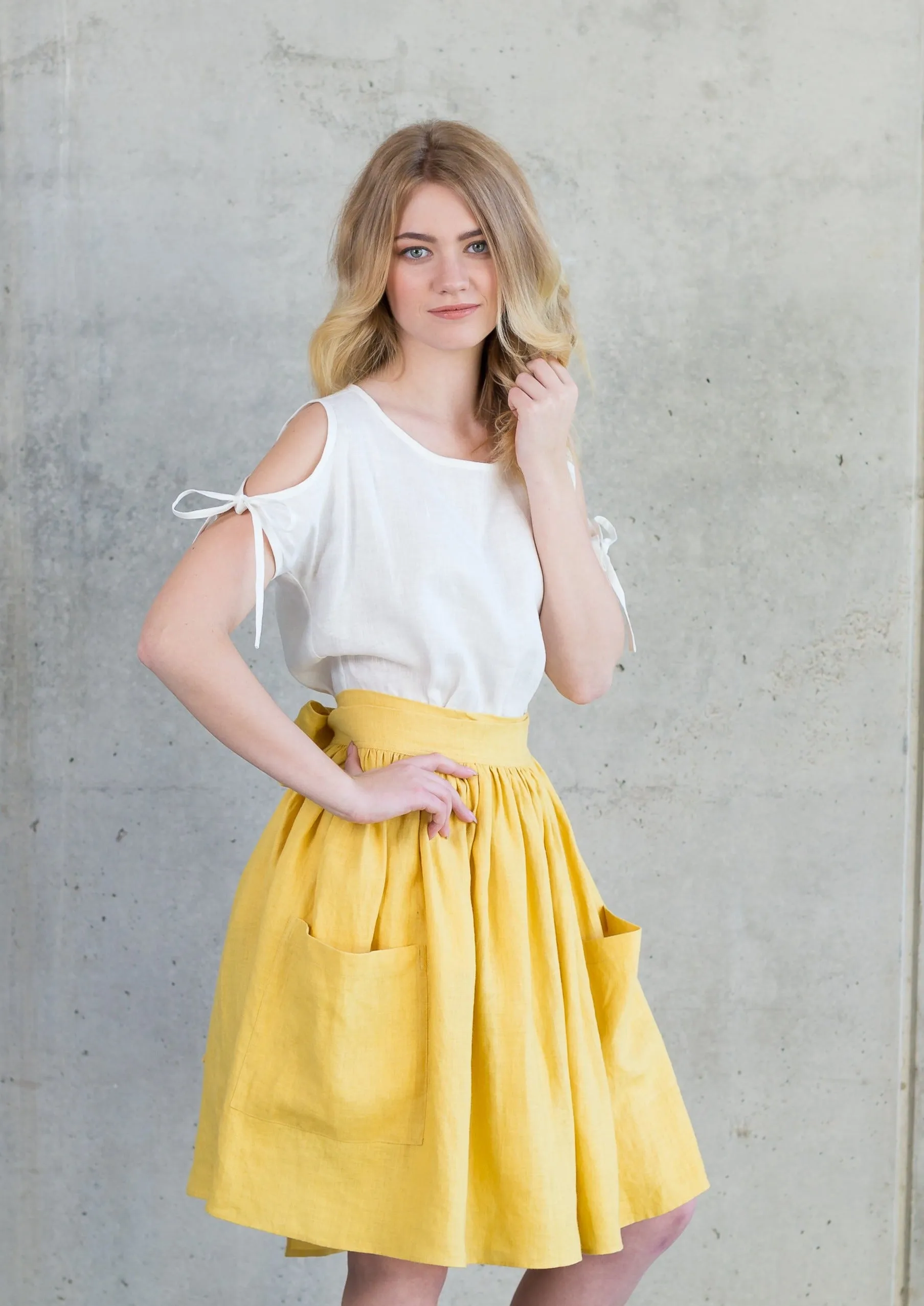 Grethel Tie-Wrap Linen Skirt with Pockets in Yellow