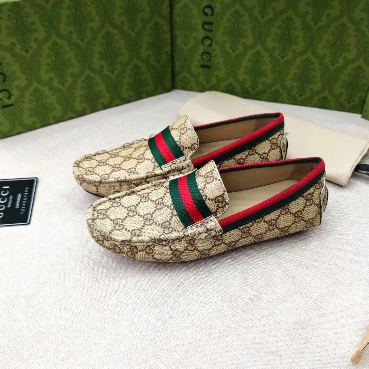 GUCCI || Beige GG Canvas Horsebit Web Driver Loafers