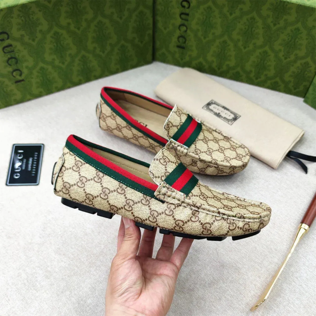 GUCCI || Beige GG Canvas Horsebit Web Driver Loafers
