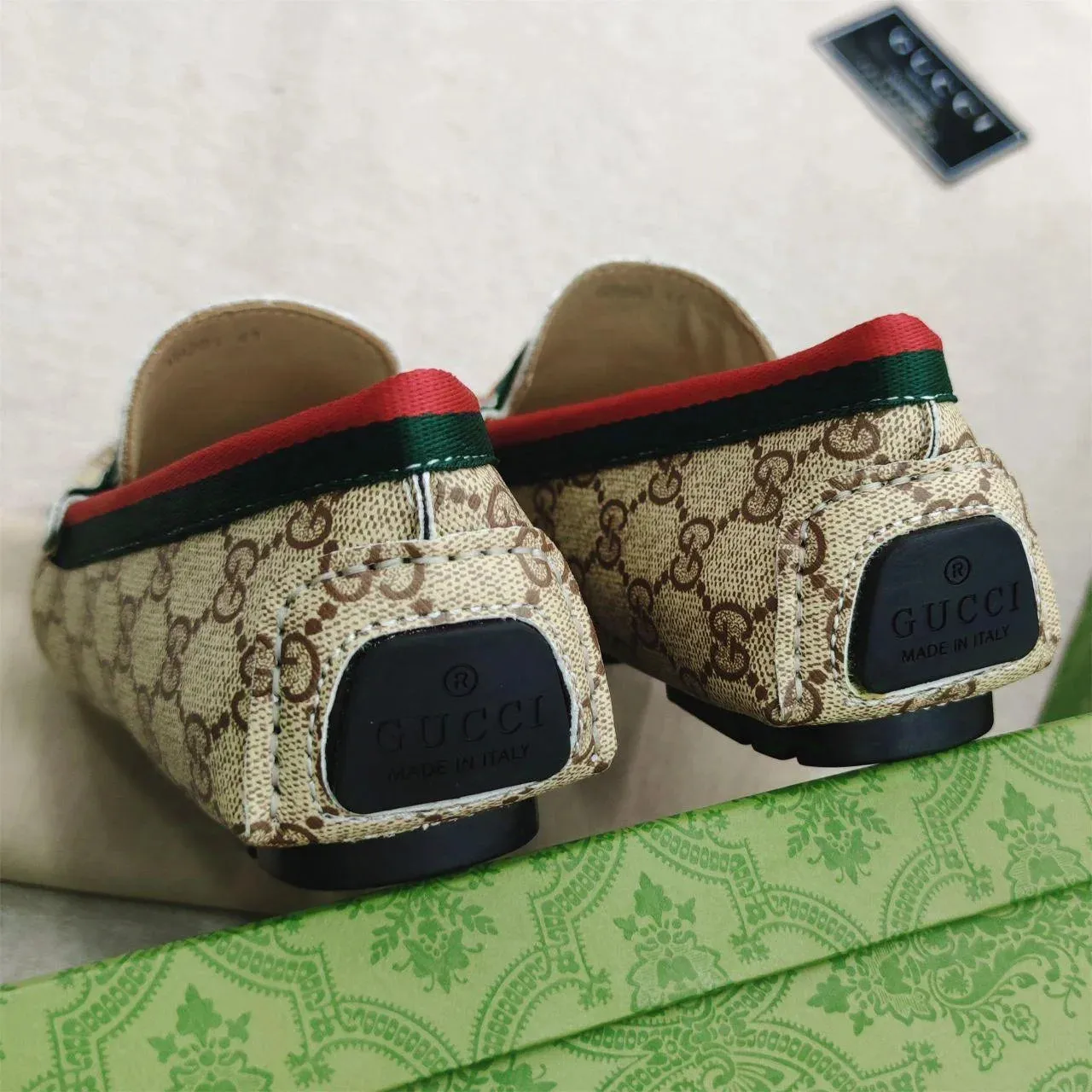 GUCCI || Beige GG Canvas Horsebit Web Driver Loafers