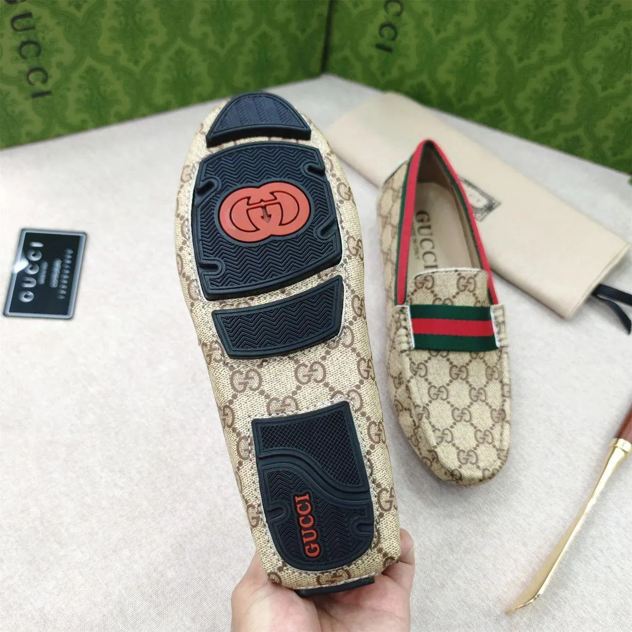 GUCCI || Beige GG Canvas Horsebit Web Driver Loafers