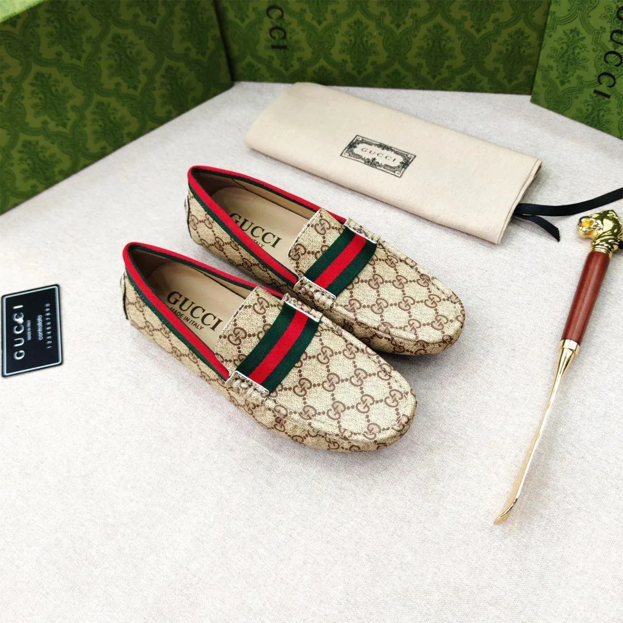 GUCCI || Beige GG Canvas Horsebit Web Driver Loafers