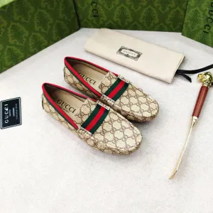 GUCCI || Beige GG Canvas Horsebit Web Driver Loafers