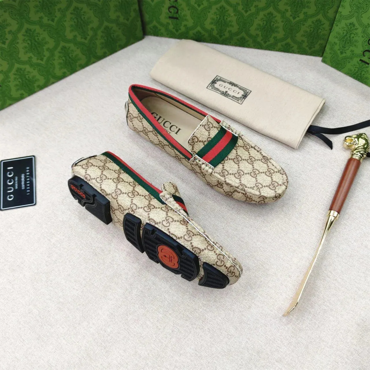 GUCCI || Beige GG Canvas Horsebit Web Driver Loafers