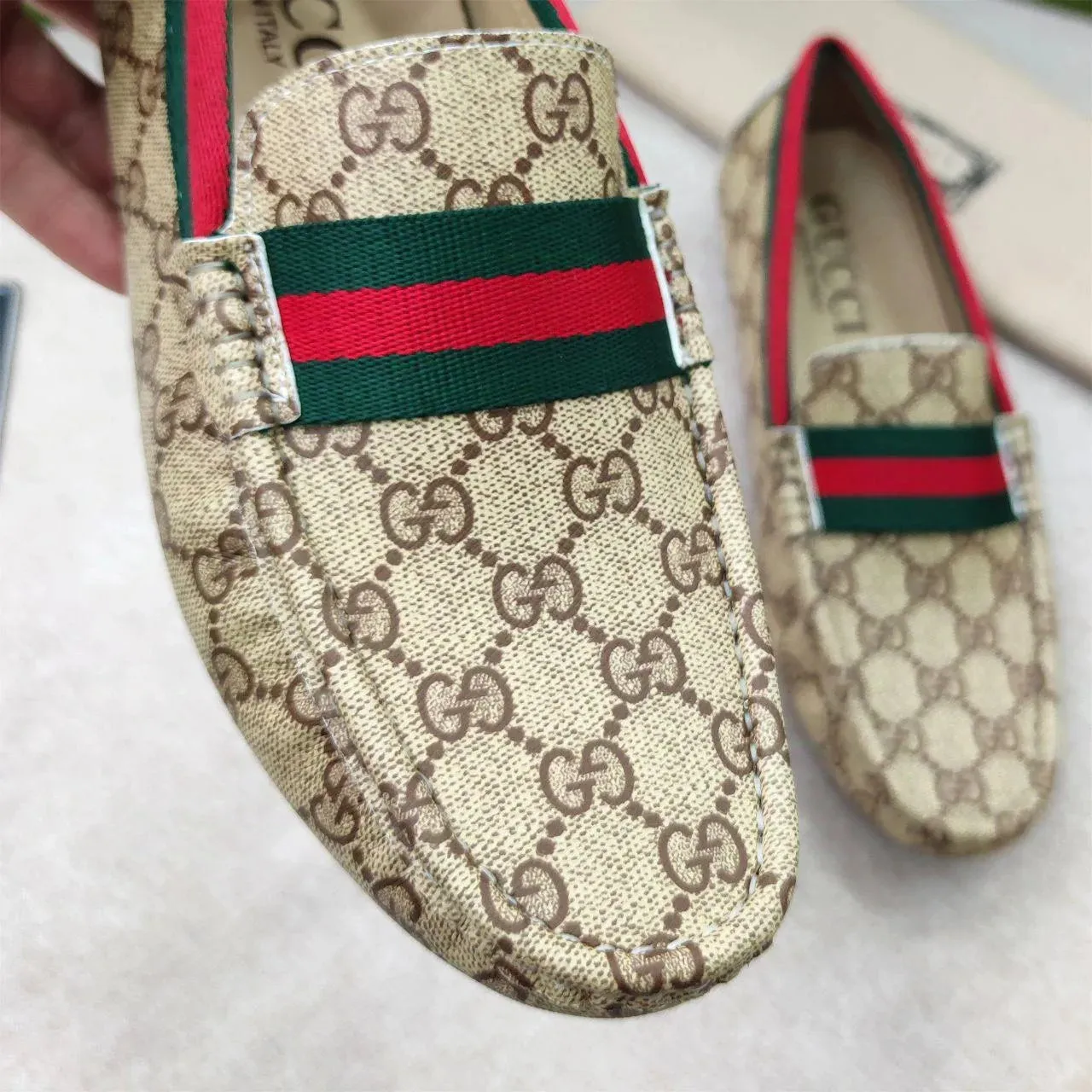 GUCCI || Beige GG Canvas Horsebit Web Driver Loafers