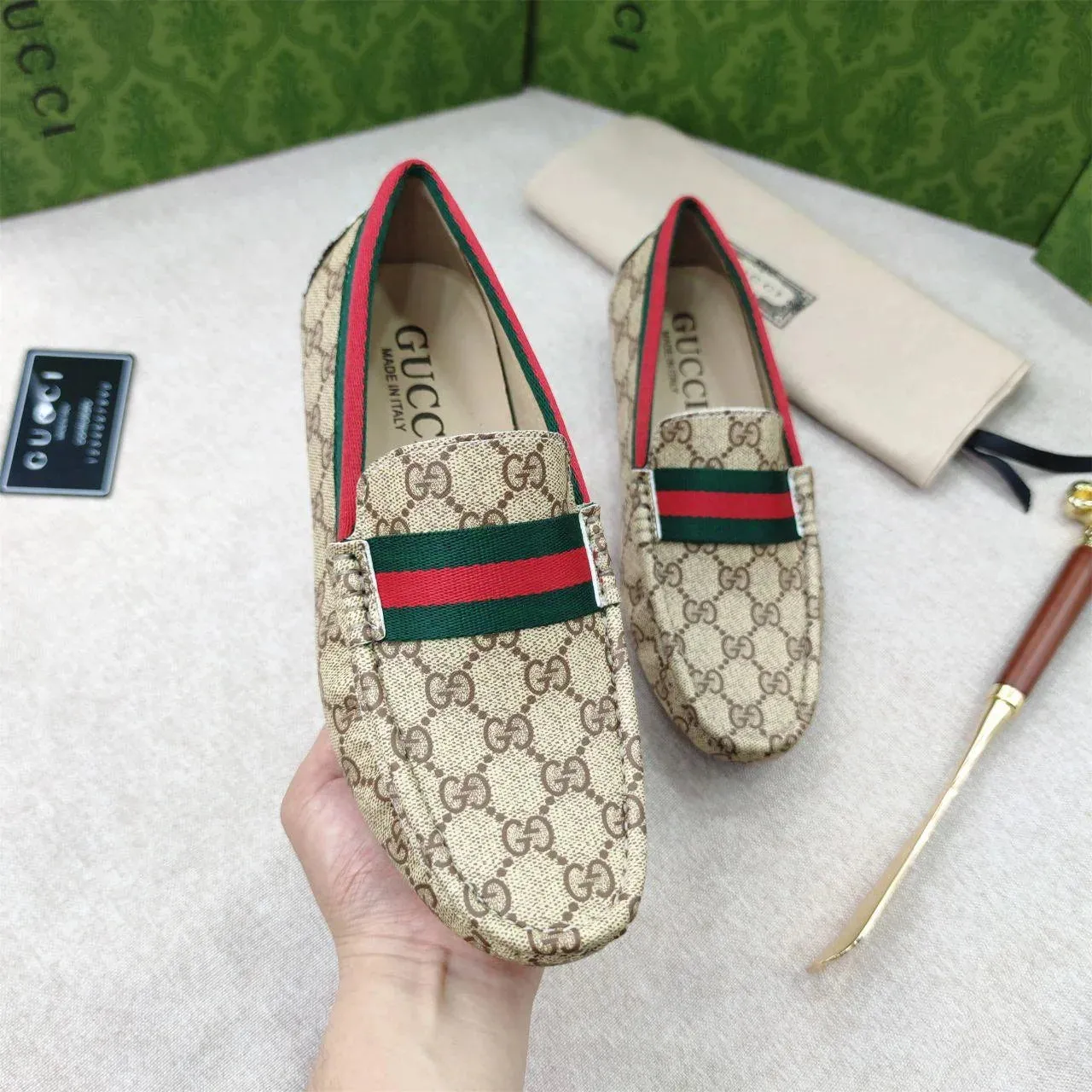GUCCI || Beige GG Canvas Horsebit Web Driver Loafers