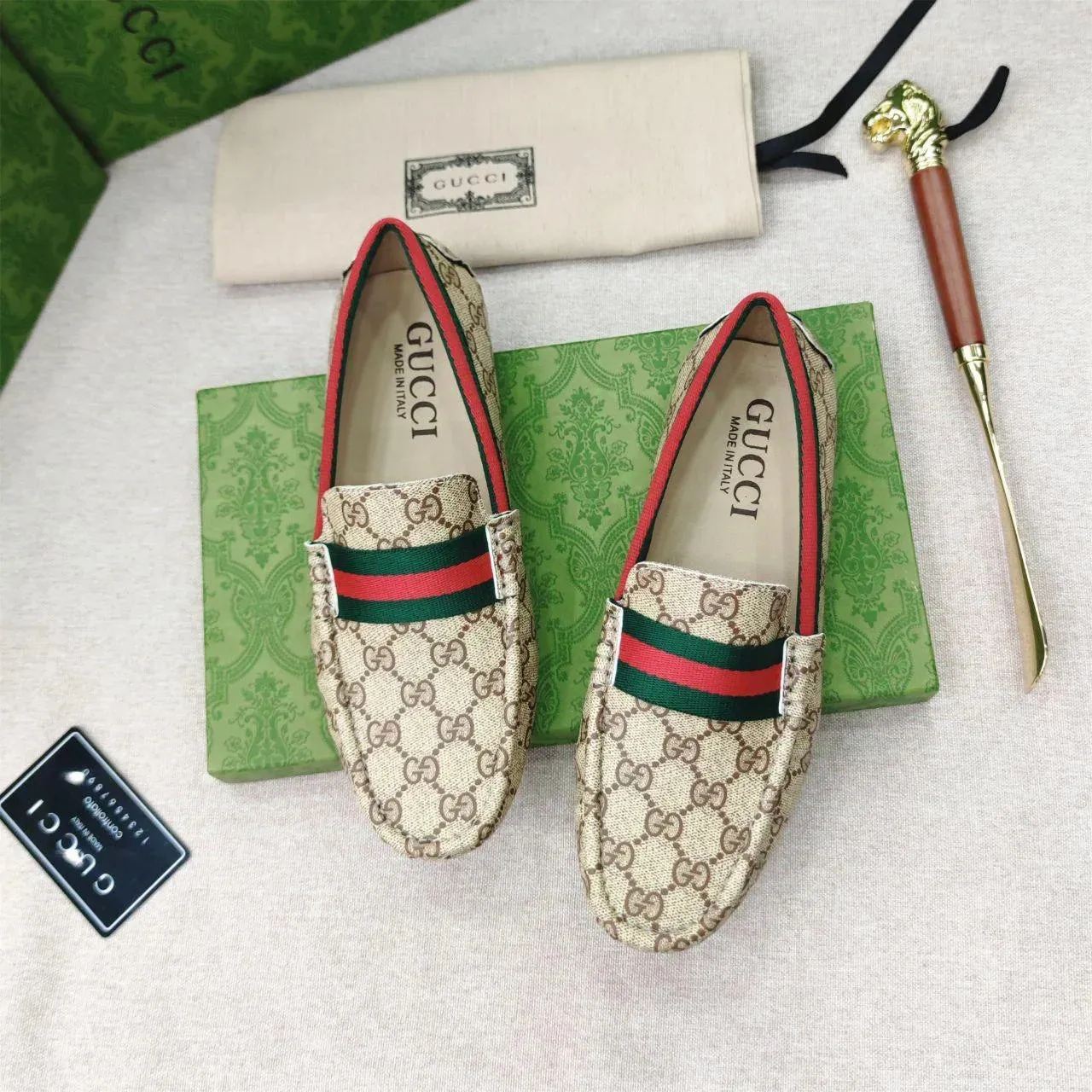 GUCCI || Beige GG Canvas Horsebit Web Driver Loafers