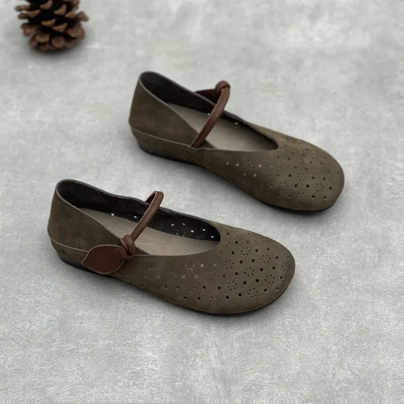 Hollow Mary Jane Flats Ladies Soft Retro Leather Casual Shoes