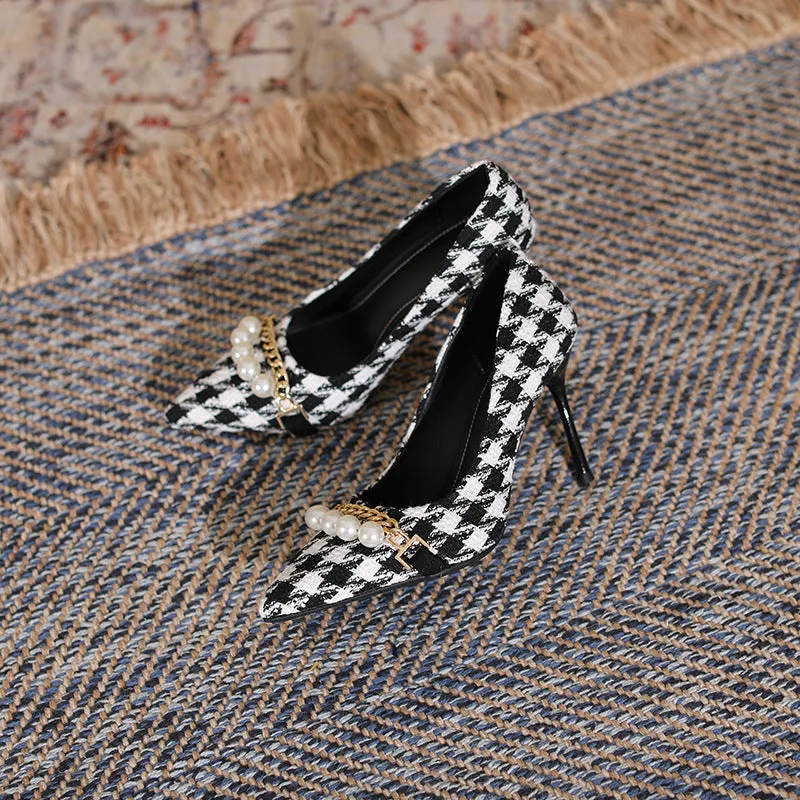 Jasmine Houndstooth Pearl Detail Point Toe Stiletto Pumps| Poundton
