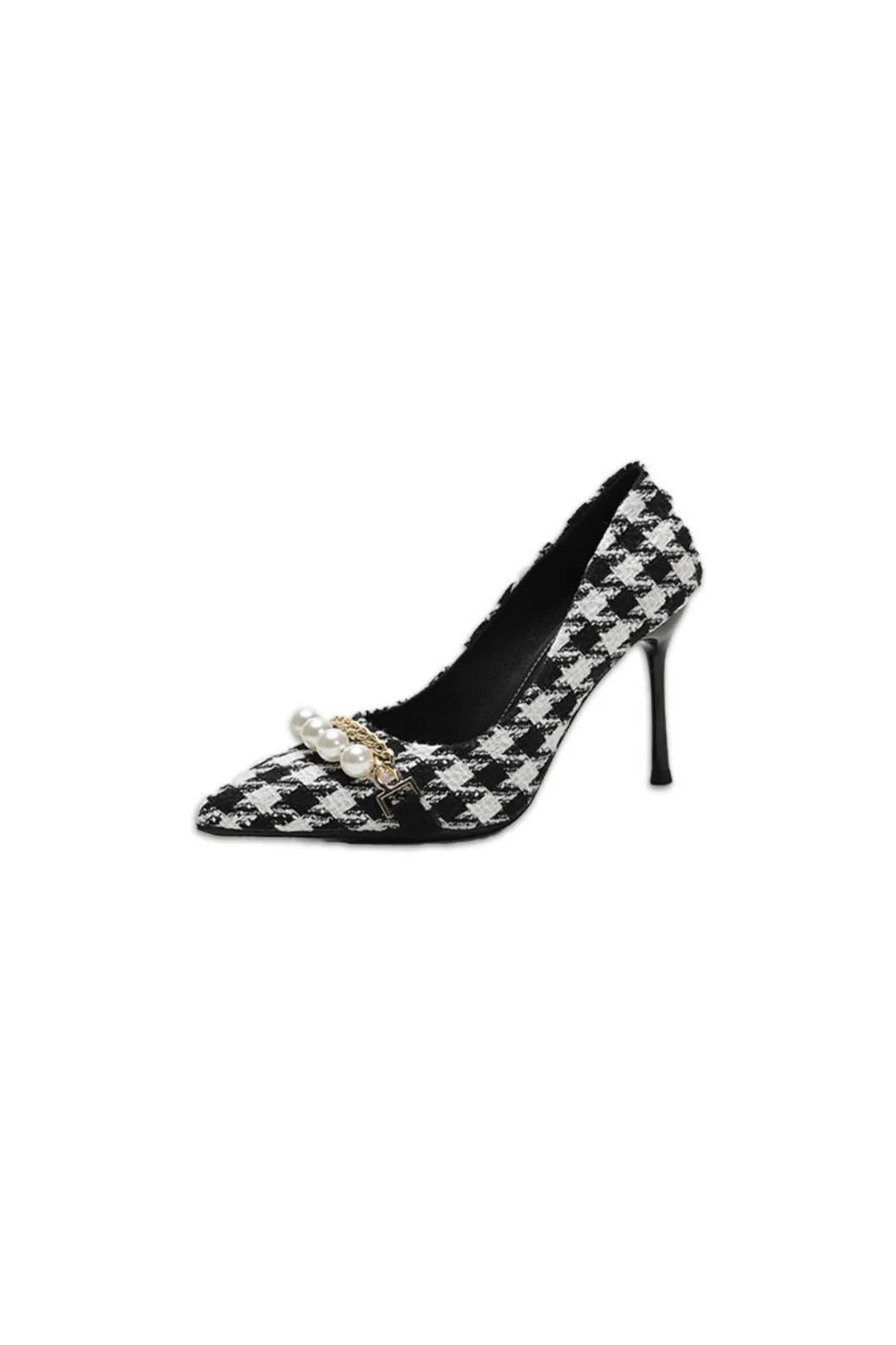 Jasmine Houndstooth Pearl Detail Point Toe Stiletto Pumps| Poundton