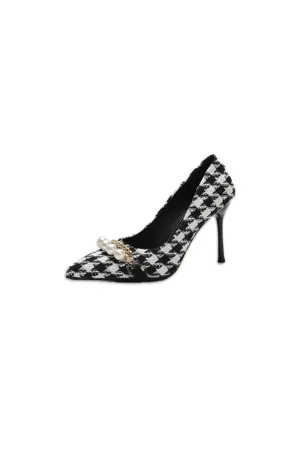 Jasmine Houndstooth Pearl Detail Point Toe Stiletto Pumps| Poundton