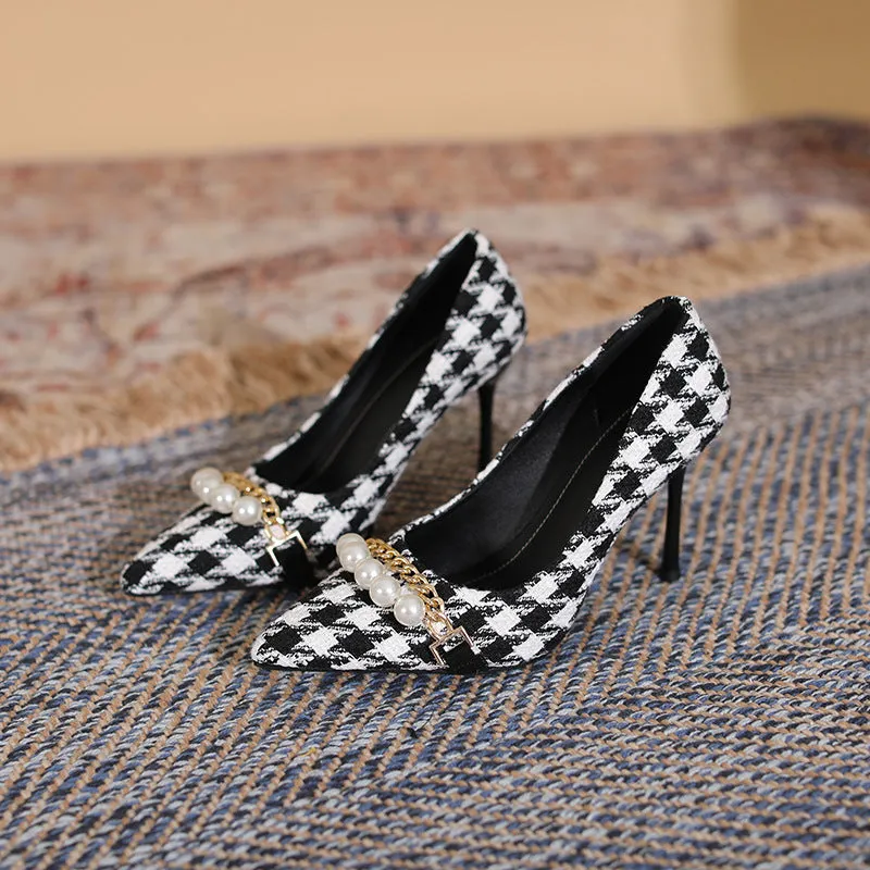 Jasmine Houndstooth Pearl Detail Point Toe Stiletto Pumps| Poundton
