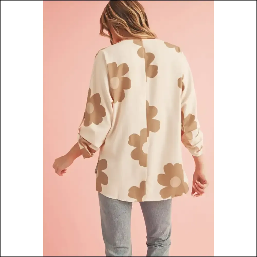 Khaki 60s Flower Power Blouse your Curves will Thank