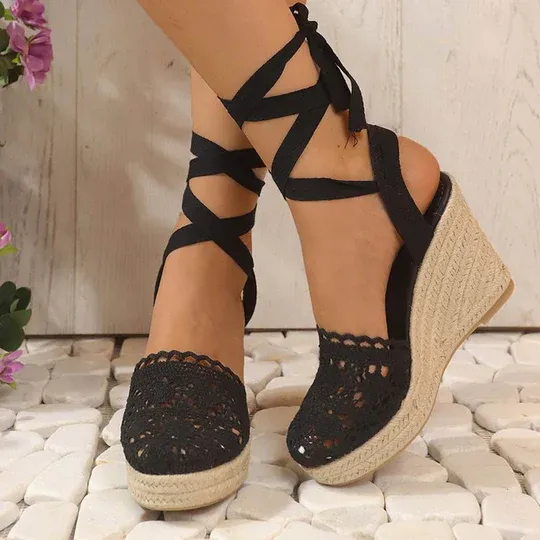 Linen Woven Cross Strap Wedge Heels
