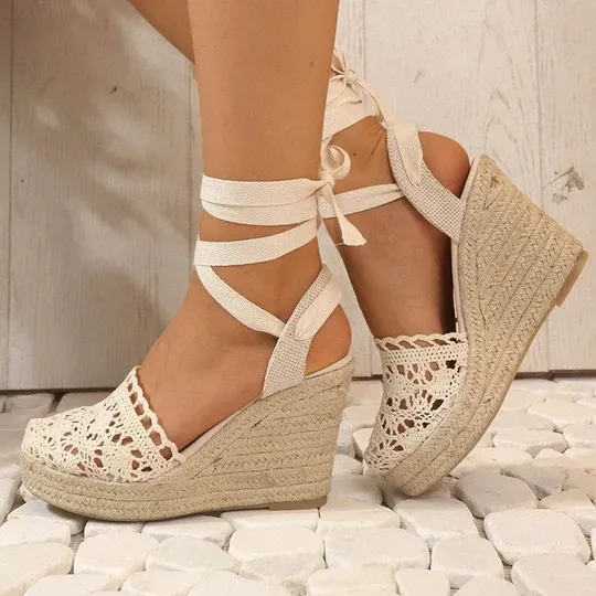 Linen Woven Cross Strap Wedge Heels