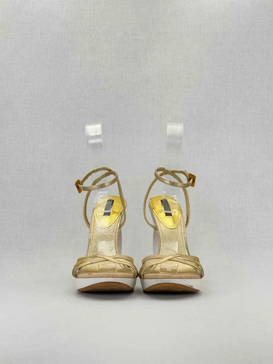 LOUIS VUITTON Gold & White Heeled Sandals 38.5