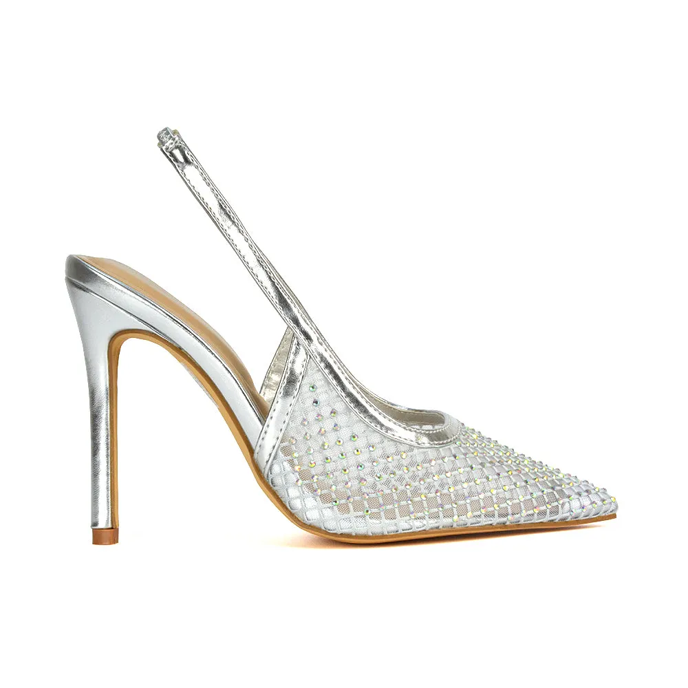 Louise Diamante Mesh Slingback Pointed Toe Stiletto High Heel Court Shoes in Silver